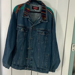 Custom vintage Wrangler Blue Denim Jacket with Teal and Multicolor Trim